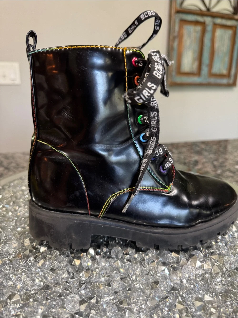 BCBGeneration girls Lace-Up Combat Boots with Rainbow Stitching